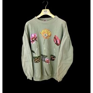 Vintage 90's Maze Women's Peony Flowers Sweatshirt Large Nature Butterfly Flaws